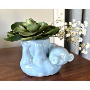 VTG Blue Bear Planter Tree Ceramic Planter Woodland Nursery Decor Small Animal